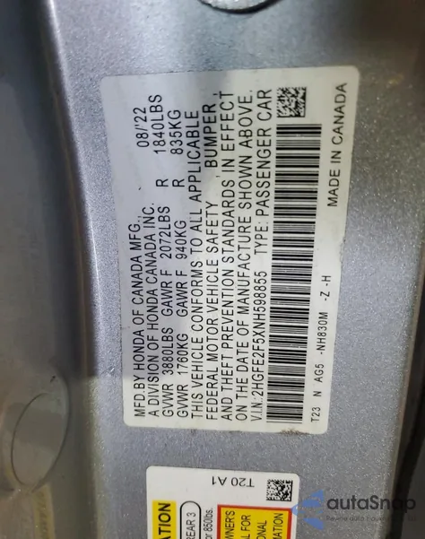 2022 Honda Civic Sport from USA, damaged, VIN 2HGFE2F5XNH598855